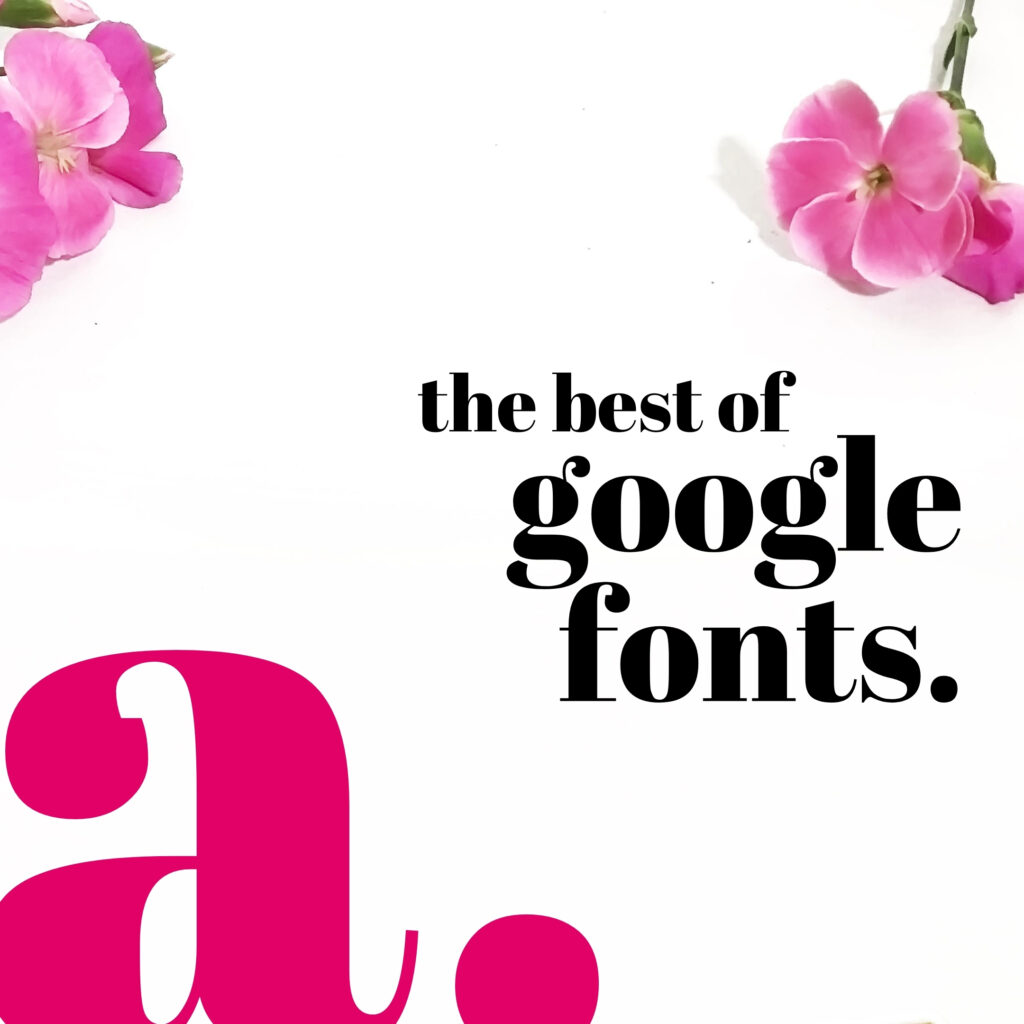The best of google fonts. White square with small pink flowers and a pink letter A, lowercase, with a period next to it.