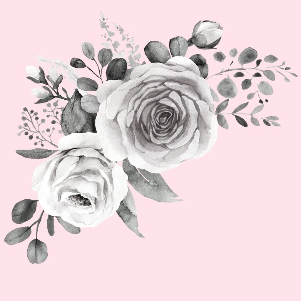 digital art project idea: black and white picture on a colorful background. This one features black and white roses, that were originally done in watercolor, on a pink background.