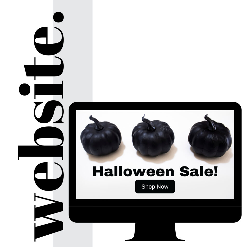 Gorgeous girly stock photos. Use for Website Images like this photo of a computer screen with 3 black pumpkins, text Halloween Sale, and a Call to Action Button from our Black is the New Black Collection.