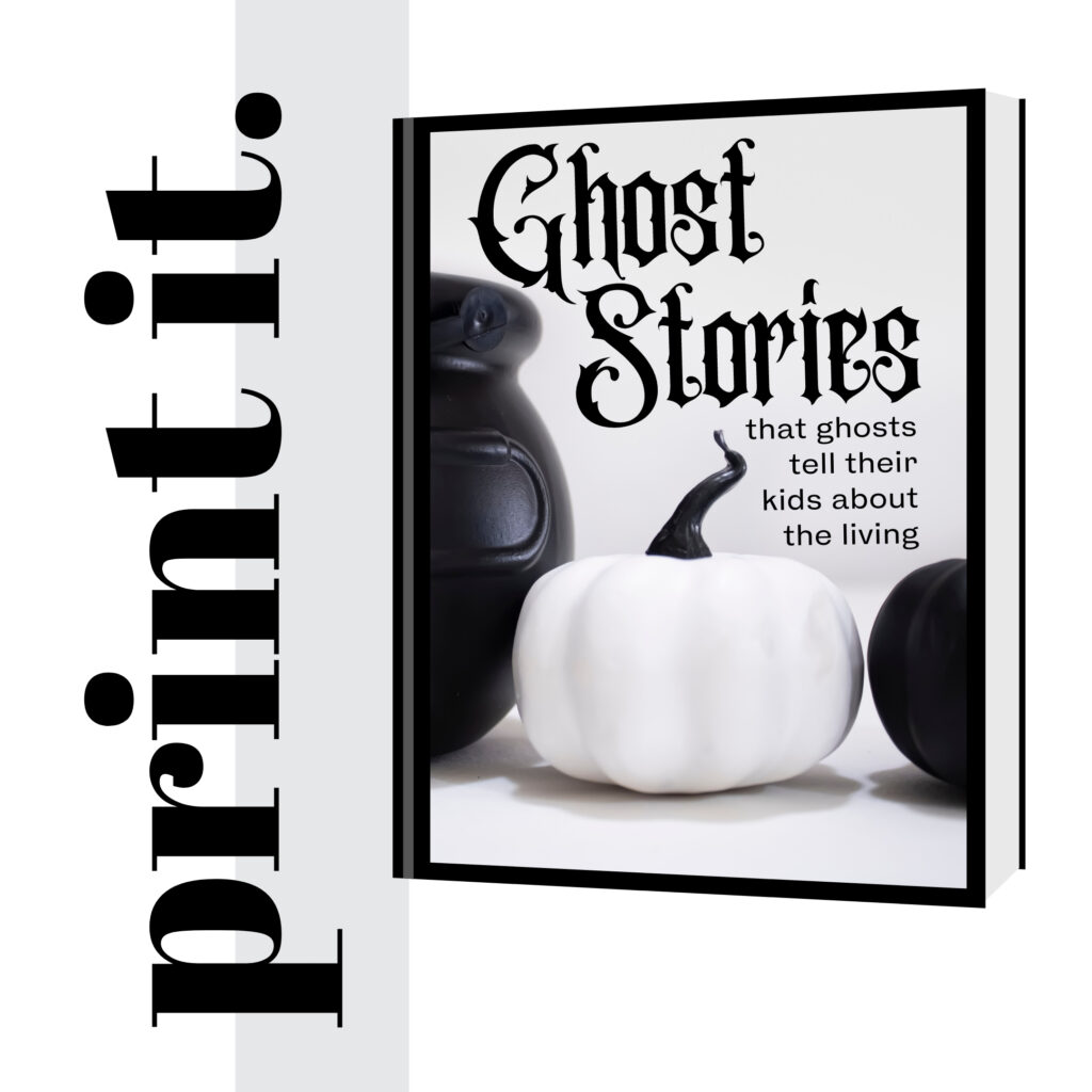 Use beautiful branded stock photography to create items for print such as book covers, like the one displayed in this photo featuring a white pumpkin, black pumpkin, cauldron, and a title "Ghost Stories" part of our Black is the New Black Collection.