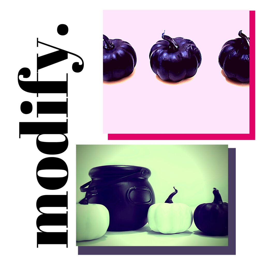 One way to use beautiful stock photos is to modify them to your color scheme. Get creative in graphic design like the examples in the photo here, black and white pumpkins are now black pumpkins on pink, or green.